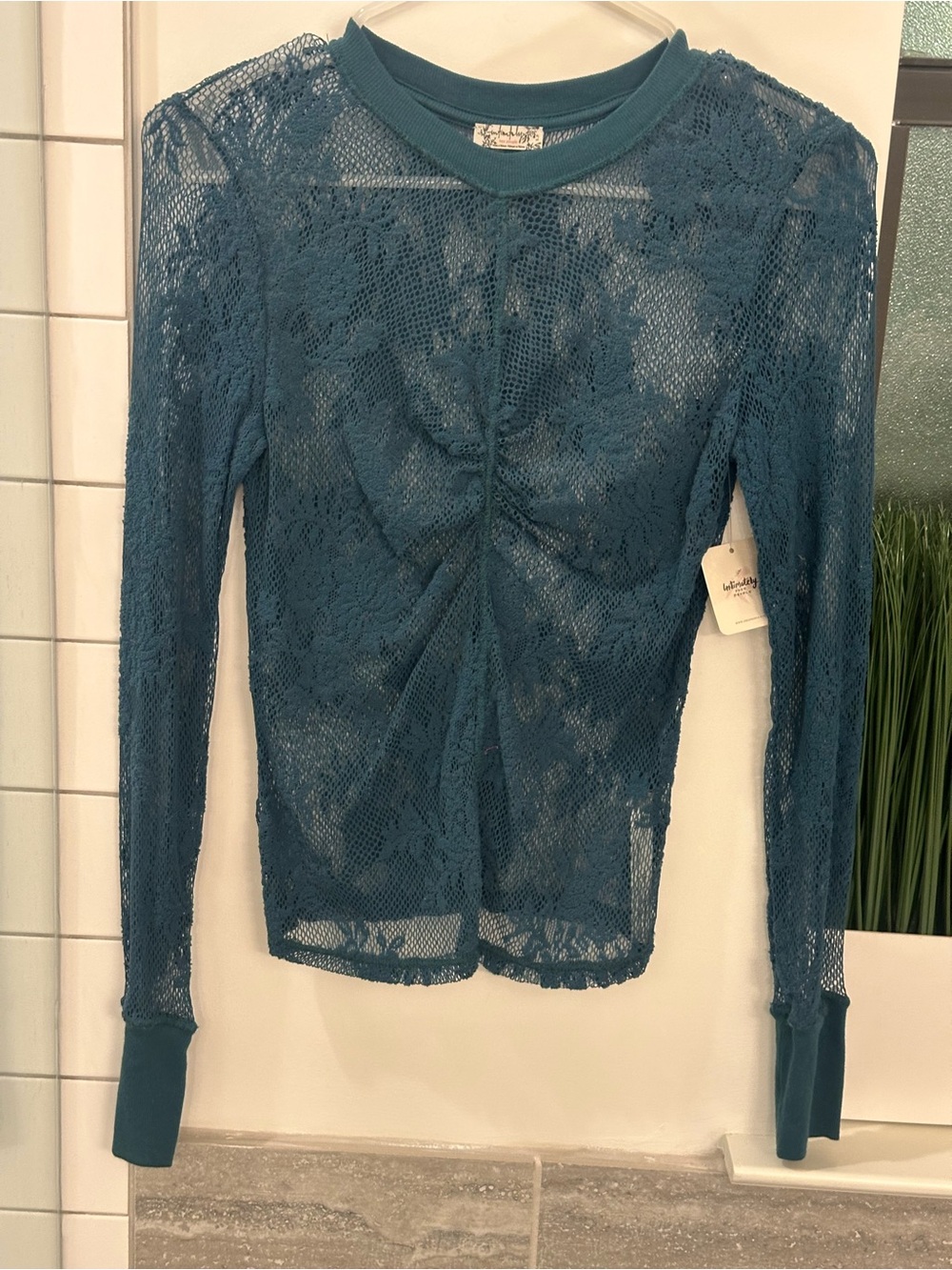 Free People Teal Lace Long Sleeve Mesh Top
